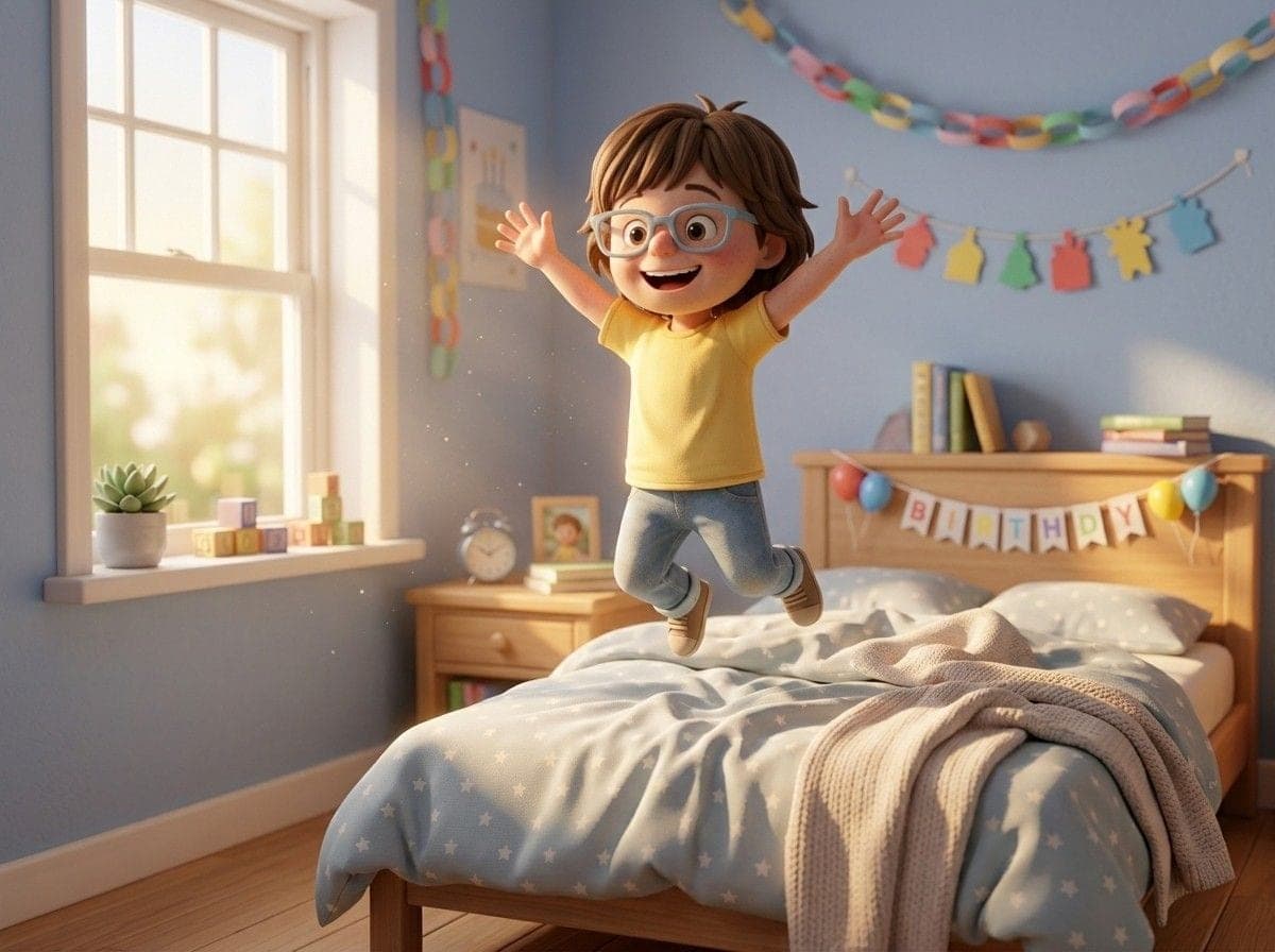 Child jumping on the bed on their birthday morning