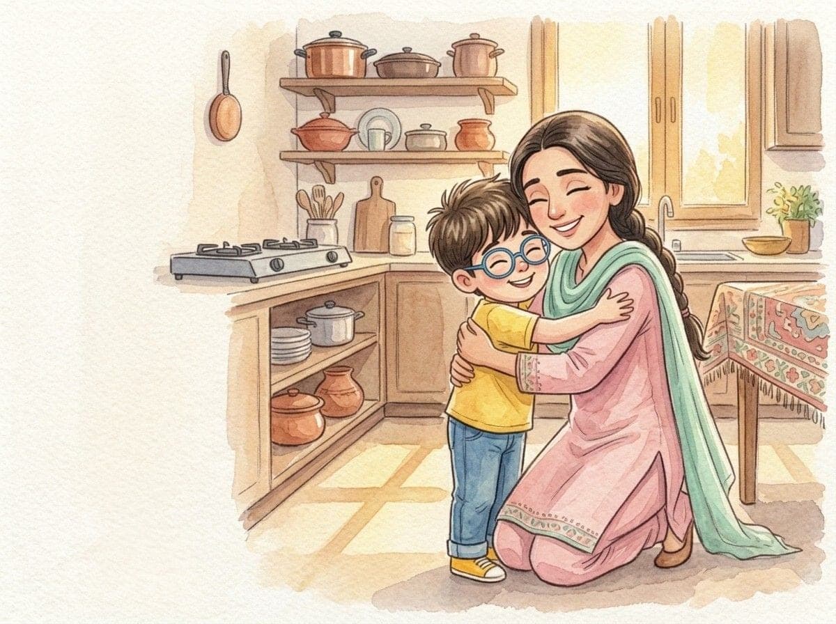 Ammi hugging the child in the kitchen